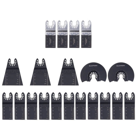 20 Piece Oscillating Saw Blade Kit With Arrow Storage Case, Versatile Multitool Set laid out in multiple rows