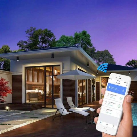 Smart Plug 4 Pack WiFi Outlet Compatible With Alexa And Google Home app control in modern outdoor setting