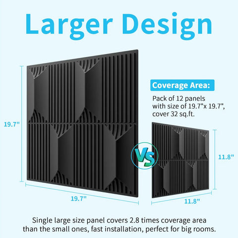 Massive 3D Diamond Pattern PVC Wall Panels Black 19.7 Inch Square Pack Of 12 Tiles Real 1 Inch Raised Texture Easy Install