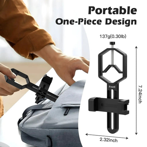 Universal Telescope Phone Adapter Mount for Microscope, Binoculars, and Spotting Scopes, shown with backpack.