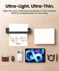 Super Slick Portable Wireless Thermal Printer Zero Hassle 300 Dpi Resolution Prints On Phones And Laptops Big Time Travel Essential For Quick Documents Anywhere In Matte Black Layout on wooden desk with documents and tech accessories.