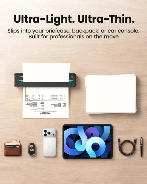 Super Slick Portable Wireless Thermal Printer Zero Hassle 300 Dpi Resolution Prints On Phones And Laptops Big Time Travel Essential For Quick Documents Anywhere In Matte Black Layout on wooden desk with documents and tech accessories.
