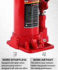 Close-up of red 3 Ton Double Ram Bottle Jack with Extended Lift Range from 6.5 to 16.5 inches featuring hydraulic details.