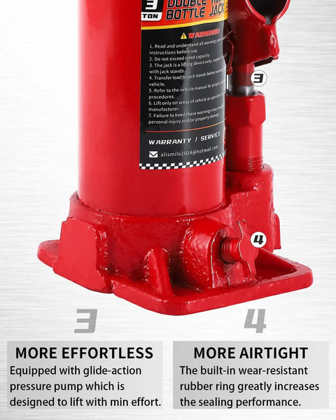 Close-up of red 3 Ton Double Ram Bottle Jack with Extended Lift Range from 6.5 to 16.5 inches featuring hydraulic details.