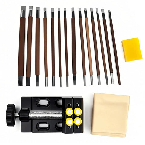 18-Piece Stone Carving Kit With Manganese Steel Chisels, Mini Vise Clamp, Beeswax, And Oxford Storage Bag for engraving.