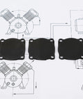 Three Pack Rubber Pressure Switch Gaskets For Air Compressors, Wear-Resistant Seal Pads, Leakproof Switch Seals, Go-To Replacement Spare Parts For Air Pumps And DIY Compressor Repairs. Three black rubber gaskets on technical drawing background.
