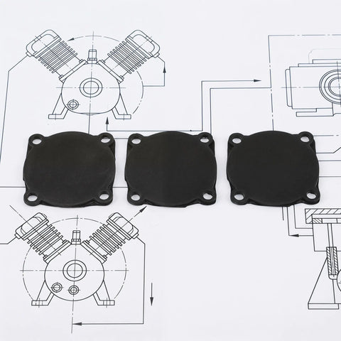 Three Pack Rubber Pressure Switch Gaskets For Air Compressors, Wear-Resistant Seal Pads, Leakproof Switch Seals, Go-To Replacement Spare Parts For Air Pumps And DIY Compressor Repairs. Three black rubber gaskets on technical drawing background.