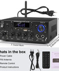 Powerhouse 2 Channel 500W Bluetooth 5.0 Home Audio Amplifier with FM Radio Echo AUX USB SD Mic Inputs shown with accessories