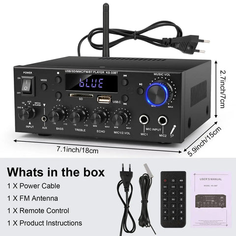 Powerhouse 2 Channel 500W Bluetooth 5.0 Home Audio Amplifier with FM Radio Echo AUX USB SD Mic Inputs shown with accessories