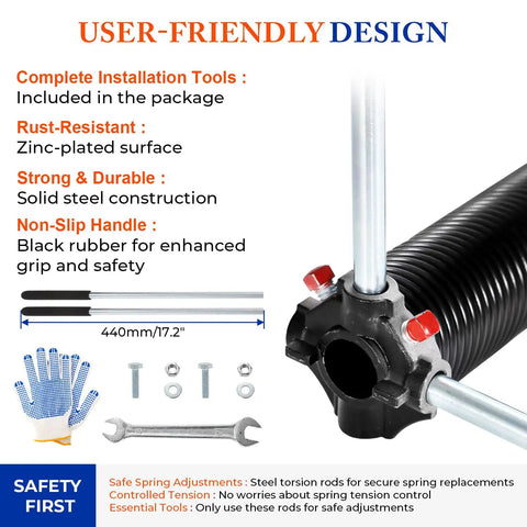 Heavy Duty Pair of 2 Inch Garage Door Torsion Springs with tools and gloves in black coating for 7 to 8 foot doors