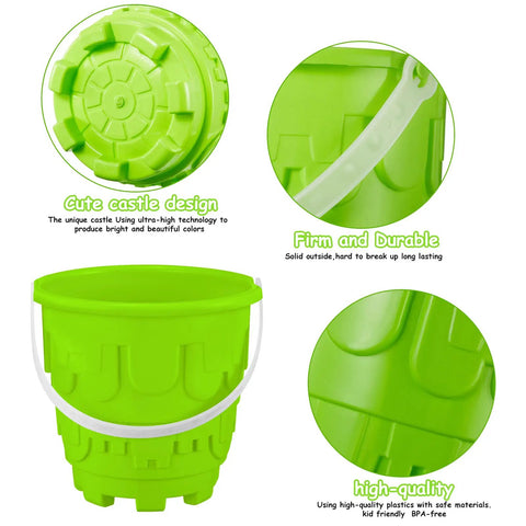 Close-up of green beach bucket with castle mold design for Six Pack 7 Inch Beach Sand Buckets And Shovels Set With Colorful Castle Molds