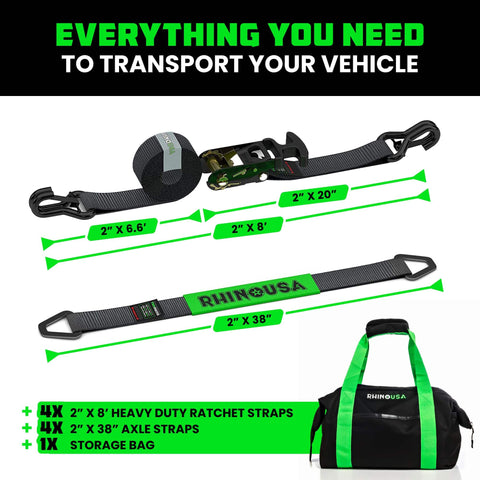Heavy Duty 2 Inch By 8 Foot Car Tie Down Straps With J Hooks, 4 Pack for Trailers Haulers UTVs and Powersports, shown with bag