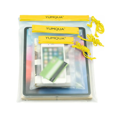 Clear Waterproof Dry Bags Set Of Three Pouches For Phone, Camera, Maps And Documents, Water Tight Frosted PVC Case With Yellow Straps