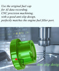 Green CNC machined anti-slip Ram Diesel Fuel Cap Magnetic Aluminum for 2019-2025 Dodge Ram Trucks in a precision workshop setting