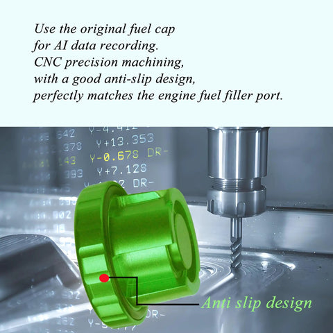 Green CNC machined anti-slip Ram Diesel Fuel Cap Magnetic Aluminum for 2019-2025 Dodge Ram Trucks in a precision workshop setting