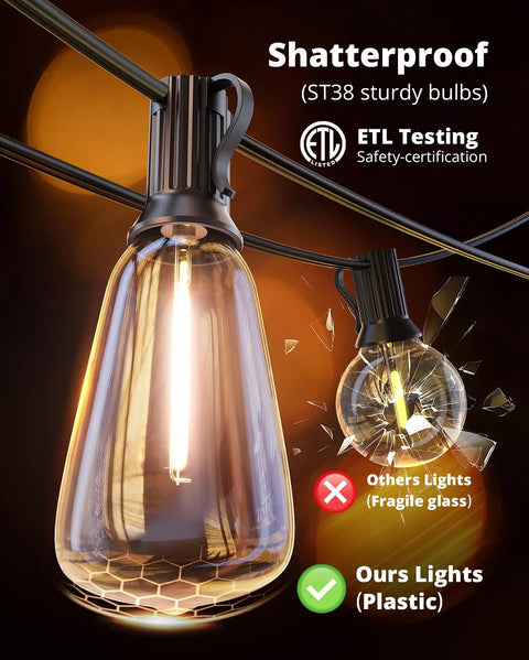 Shatterproof Edison bulb for Outdoor String Lights 25 Foot LED Patio Lights With Shatterproof Edison Bulbs And Spare Connectable Up To 78 Strands