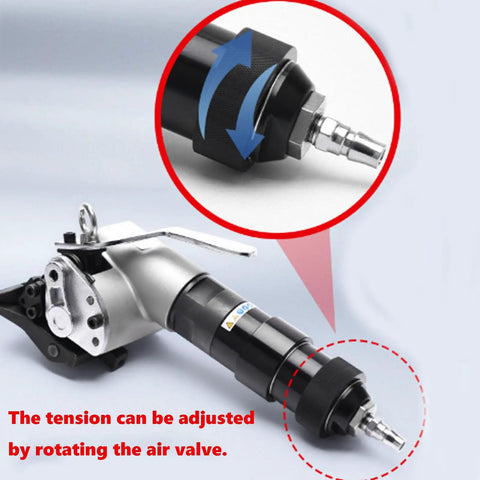 Close-up of air valve adjustment on Heavy Duty Pneumatic Steel Strapping Machine With Separate Tensioner And Sealer For 0.8-1.2mm Thickness Metal Bands Industrial Packaging Heavy Load Binding System Robust Power.