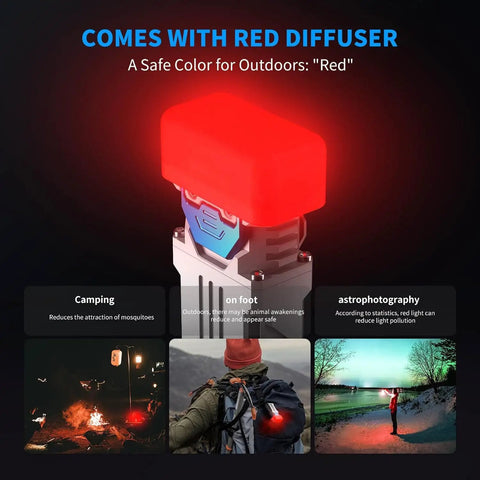 Rechargeable 1800 Lumen EDC Flashlight with red diffuser for camping, outdoor, and emergency use; compact and lightweight design