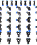 Solid 40 Pack Of Push To Connect Air Fittings Kit With Quick Release Couplers For Pneumatic Hoses Including Straight Unions, Elbows, Tees, And Y Splitters Perfect For 5/16 Inch OD Piping Tubing Systems. black push-to-connect pneumatic fittings kit, assorted 5/16 inch connectors