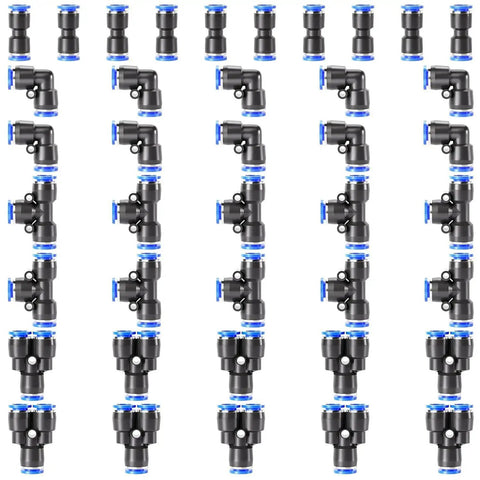 Solid 40 Pack Of Push To Connect Air Fittings Kit With Quick Release Couplers For Pneumatic Hoses Including Straight Unions, Elbows, Tees, And Y Splitters Perfect For 5/16 Inch OD Piping Tubing Systems. black push-to-connect pneumatic fittings kit, assorted 5/16 inch connectors