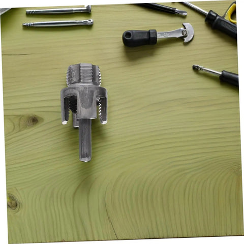 Pro Grade 3pc Pipe Threader Tool Kit For Plumbers Compatible With Electric Drill steel pipe threading bit on wooden surface.