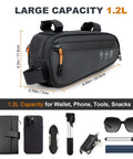 Dope Bike Triangle Frame Bag With 2 Side Pockets And 3 In 1 Top Tube Bag Waterproof MTB Pouch For Phone And Tools Easy Velcro Mount 1.2L Capacity Rugged Weatherproof Bike Storage displayed with dimensions and item examples.