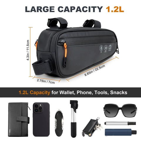 Dope Bike Triangle Frame Bag With 2 Side Pockets And 3 In 1 Top Tube Bag Waterproof MTB Pouch For Phone And Tools Easy Velcro Mount 1.2L Capacity Rugged Weatherproof Bike Storage displayed with dimensions and item examples.