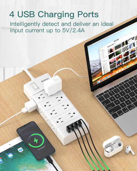 16 Outlet Power Strip With 4 USB Ports And 5 Ft Flat Plug 4 Side Surge Protector used on desk with laptop and phone charging