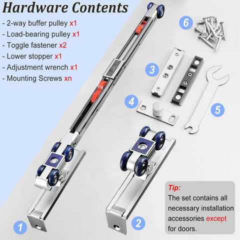 Soft Close And Open Interior Sliding Door Rail Kit With Hardware, Bypass Barn Door Hidden Track System, hardware contents