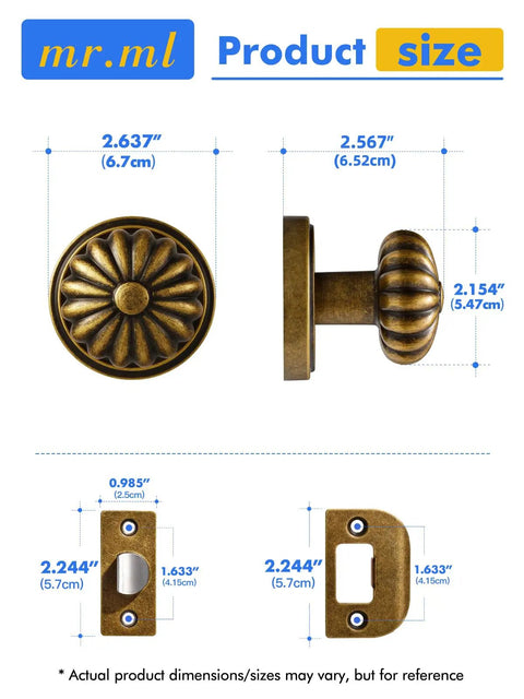 Antique Brass Passage Door Knob For Interior Doors No Lock Needed, Vintage Aluminum Alloy Knob dimensions and side view