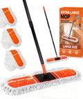 36 Inch Commercial Janitor Broom And Dust Mop Set Heavy Duty Workhorse With Telescopic Pole And Three Pack Cotton Pads on display with replacement pads and packaging.