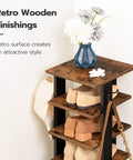 8-Tier Vertical Wooden Shoe Rack With Hooks Space Saving Narrow Shoe Tower That Holds 8 Pairs, rustic finish, with decor on top