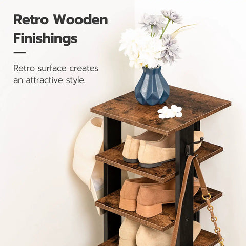 8-Tier Vertical Wooden Shoe Rack With Hooks Space Saving Narrow Shoe Tower That Holds 8 Pairs, rustic finish, with decor on top