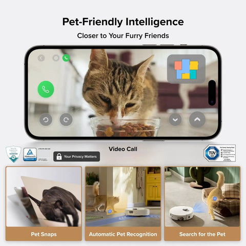 Smartphone displaying a cat video call with pet-friendly intelligence features like pet snaps and automatic pet recognition.