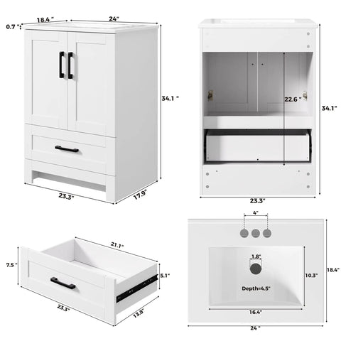 24 Inch Bathroom Vanity With Sink One Soft Close Drawer Two Cabinet Doors Killer White Wood Grain Finish Heavy Duty Engineered Wood Build For Quick Room Refresh Super Smooth Glide Hinges