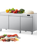 Commercial Undercounter Refrigerator 20.9 Cubic Foot Three Door Stainless Steel Worktop Cold Storage For Bars Restaurants Shops Heavy Duty Straight Shooter with vegetables and dough on top.