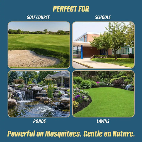 Garlic Mosquito Repellent Concentrate For Lawns And Yards Easy Water Mix Outdoor Treatment usage examples for golf courses, schools, ponds, lawns.