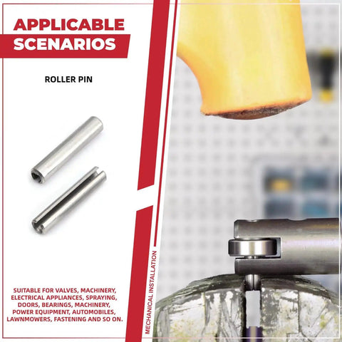 295 Piece Stainless Steel Roll Pin Kit With Spring Dowels, Slotted Tension Pins, And Split Expansion Pins, M1.5 To M6 Sizes, 14 Types, Corrosion-Resistant For Secure Fastening And Quick No Fuss Assembly image showing two roller pins and application scenario.