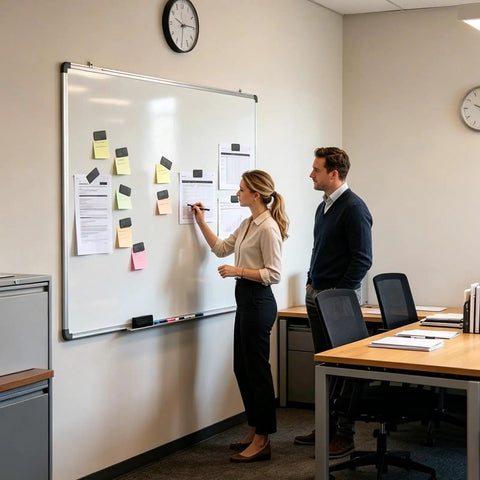Two professionals using Six Piece Self Adhesive Magnetic Drawer And Cabinet Locks Kit on office whiteboard for notes