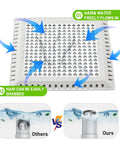 Stainless Steel Shower Drain Cover With Ultra Soft Silicone Grip Nabs Every Stray Hair And Kills Drain Clogs Dead Keeping Your Bathroom Totally Hassle Free Super Non Slip Secure Fit For Rapid Water Flow Daily with water flow demonstration.