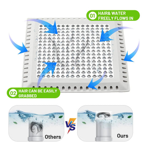Stainless Steel Shower Drain Cover With Ultra Soft Silicone Grip Nabs Every Stray Hair And Kills Drain Clogs Dead Keeping Your Bathroom Totally Hassle Free Super Non Slip Secure Fit For Rapid Water Flow Daily with water flow demonstration.