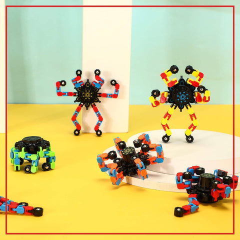 Colorful 40 Pack Funny Sensory Fidget Toys Set Transformable Chain Robot Finger Toys DIY Deformation Spinners on display table