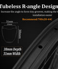 Diagram of gravel carbon wheelset with tubeless R-angle design, 38mm depth, 31mm width, enhances tire installation, gravel carbon wheelset 38 and 45 millimeter depth for disc brakes tubeless ready 31 millimeter width center lock with 6 bolt adaptor 8 to 12 speed compatibility pro grade hubs for lightweight climbs and mixed terrain.
