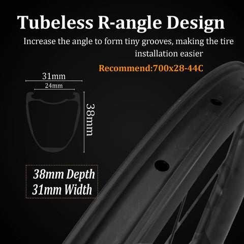 Diagram of gravel carbon wheelset with tubeless R-angle design, 38mm depth, 31mm width, enhances tire installation, gravel carbon wheelset 38 and 45 millimeter depth for disc brakes tubeless ready 31 millimeter width center lock with 6 bolt adaptor 8 to 12 speed compatibility pro grade hubs for lightweight climbs and mixed terrain.