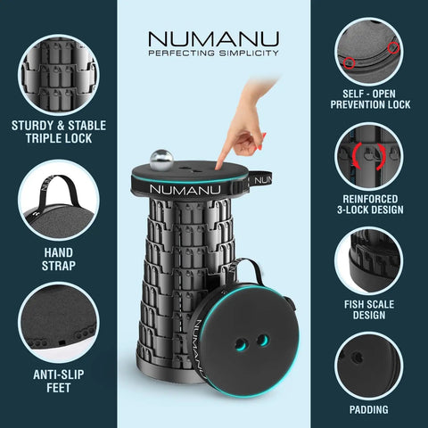 Upgraded Padded Collapsible Stool With Telescoping Height From 2.5 To 18 Inches, showcasing stable lock features.