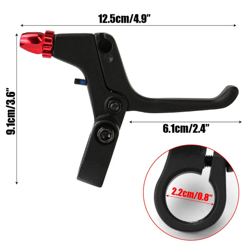 Pair Two Finger Aluminum Alloy Bicycle Brake Levers Universal 22mm with measurements, red adjuster, side view