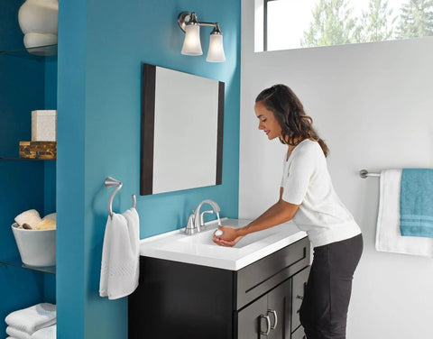 Eva 2 Light Dual Mount Bath Vanity Fixture With Frosted Glass In Brushed Nickel Finish above modern sink area
