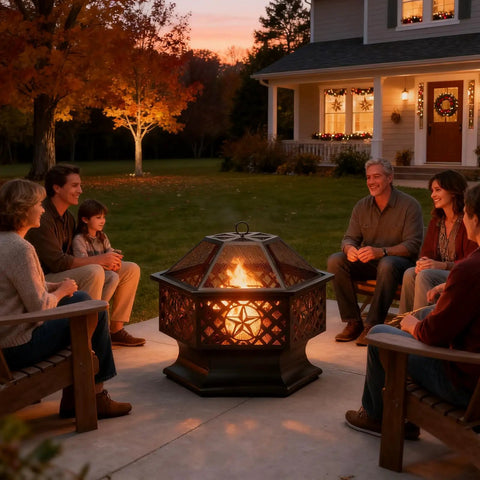 Hexagon 28 Inch Wood Burning Fire Pit with Spark Screen and Poker for Outdoor Fun in the Backyard, Patio, Garden, Camping and Picnics