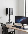 Universal PC Wall Mount Rock Solid Metal Support Bracket For Desktop Towers And CPUs installed with cables organized.