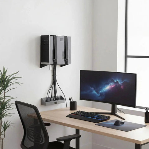 Universal PC Wall Mount Rock Solid Metal Support Bracket For Desktop Towers And CPUs installed with cables organized.